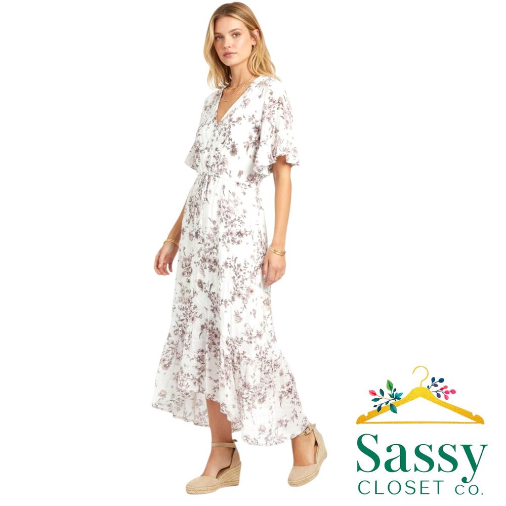 LOVESTITCH Metallic Floral Flutter Sleeve Maxi Dress L High Low Boho